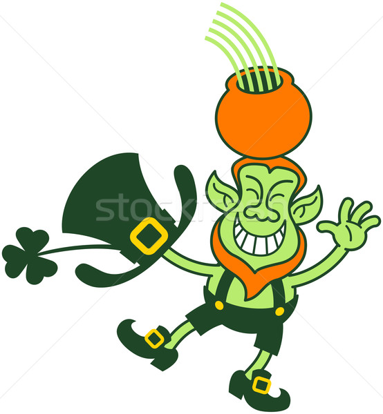Green Leprechaun Greeting and Juggling with a Pot of Gold over his Head Stock photo © zooco