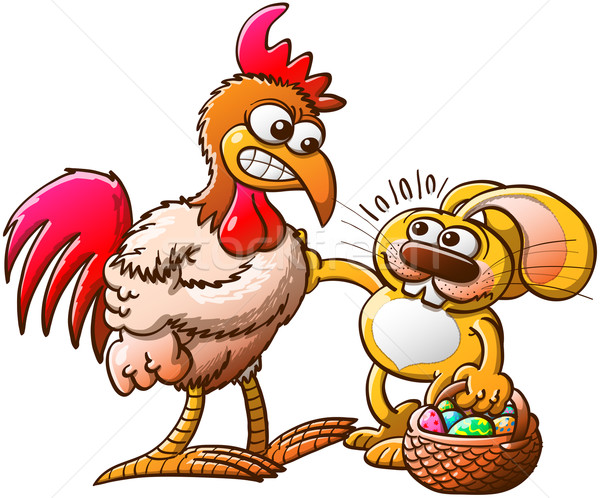 Easter Rabbit in trouble when facing a brave rooster after having stolen eggs Stock photo © zooco