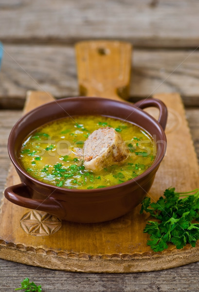 chicken soup with the stuffed chicken neck. Jewish cuisine Stock photo © zoryanchik