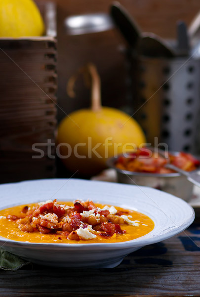 pumpkin soup with chickpea and bacon Stock photo © zoryanchik