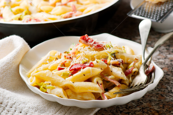 Penne with Leeks and Speck Stock photo © zoryanchik
