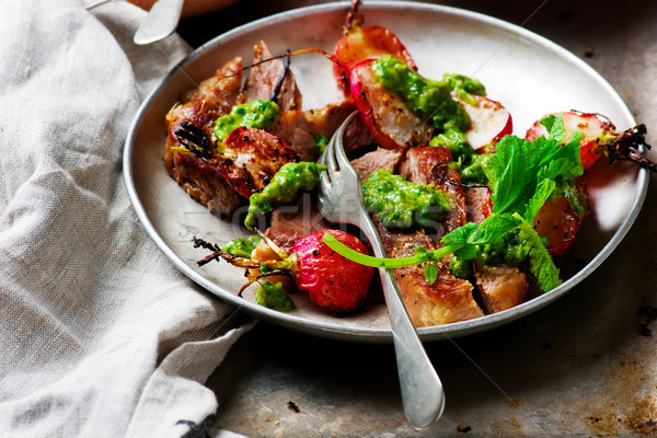 RIB-EYE STEAKS WITH RADISH GREENS CHIMICHURRI SAUCE.style rustic. Stock photo © zoryanchik