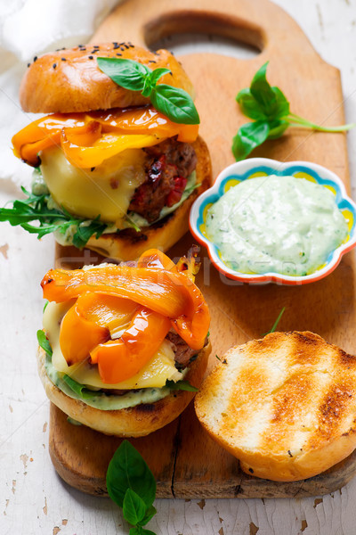 Tomato-Basil Turkey Burgers.style rustic Stock photo © zoryanchik