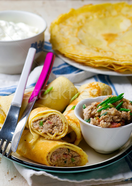 Blinis with force meat. selective focus  Stock photo © zoryanchik