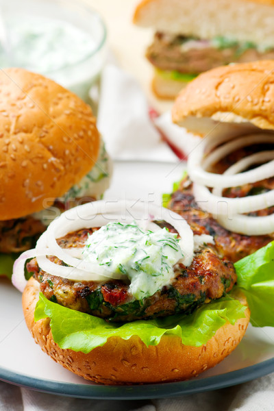 Stockfoto: Grieks · saus · sandwich · hamburger · gezonde · komkommer