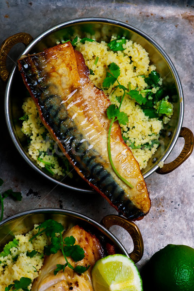 Grilled mackerel with harissa , coriander couscous.style rustic Stock photo © zoryanchik