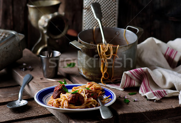 Foto d'archivio: Carne · salsa · di · pomodoro · spaghetti · stile · rustico