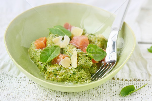 gnocchi with pesto sauce and smoked salmon Stock photo © zoryanchik