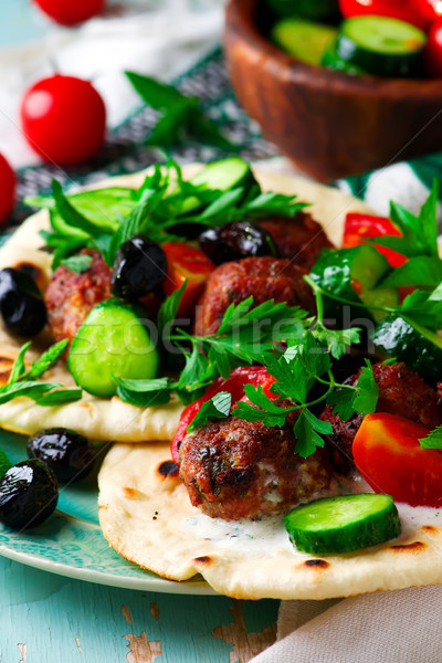 Greek meatbolls keftedes with pita and tzatziki Stock photo © zoryanchik