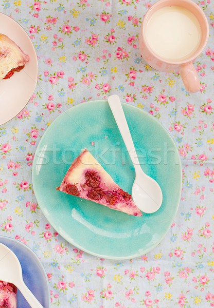 cottage cheese pudding with cherry, a milk cup for a breakfast on . Stock photo © zoryanchik