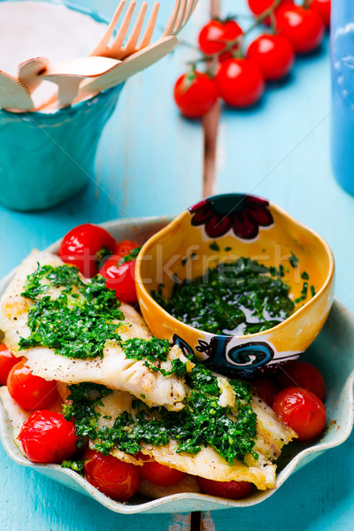 Pigro filetto pomodoro alimentare pesce verde Foto d'archivio © zoryanchik