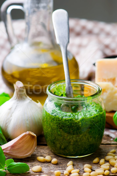 pesto sauce in a glass jar Stock photo © zoryanchik