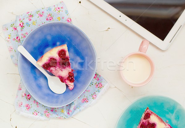 cottage cheese pudding with cherry, a milk cup for a breakfast on . Stock photo © zoryanchik
