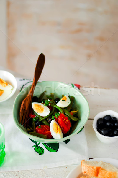 Stockfoto: Salade · groene · bonen · olijven · ei · stijl · vintage