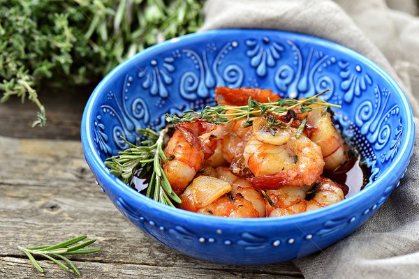 Stock photo: shrimps with tomato and garlick sauce