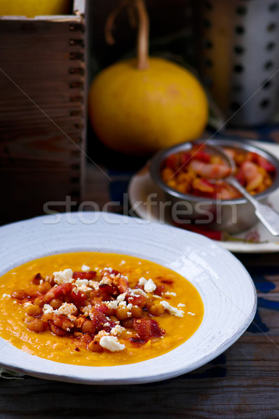 pumpkin soup with chickpea and bacon Stock photo © zoryanchik