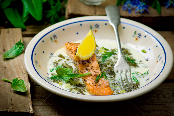 salmon with sauce from a sorrel.  Stock photo © zoryanchik