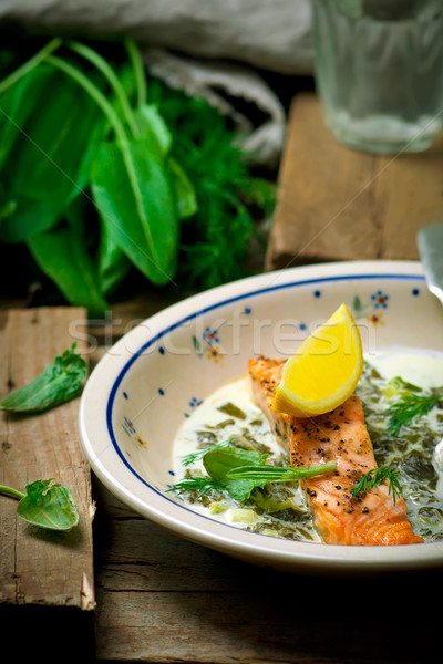 salmon with sauce from a sorrel.  Stock photo © zoryanchik