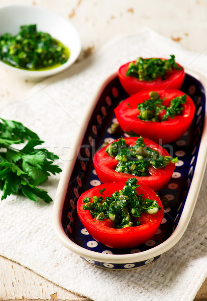 西紅柿 莎莎 集中 食品 綠色 碗 商業照片 © zoryanchik