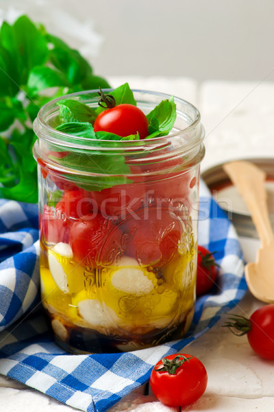 Foto stock: Salada · caprese · pedreiro · jarra · estilo · rústico · comida