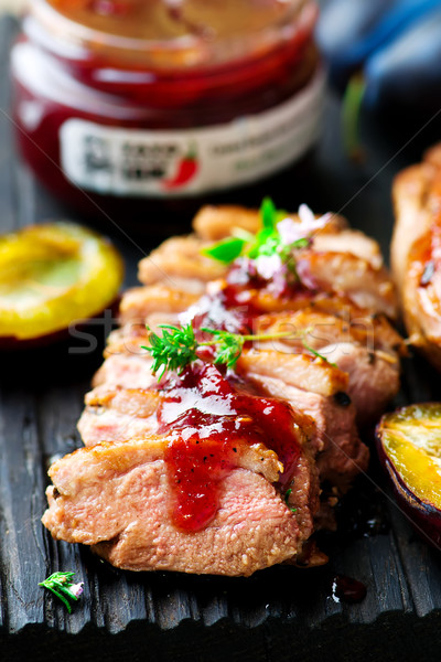 Frit canard sein prune sauce mise au point sélective [[stock_photo]] © zoryanchik