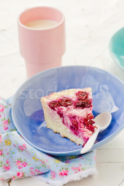 cottage cheese pudding with cherry, a milk cup for a breakfast on . Stock photo © zoryanchik