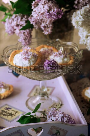 SOFT CAKE WITH WHITE CHOCOLATE RICOTTA AND ACACIA FLOWERS.style vintage.style rustic Stock photo © zoryanchik