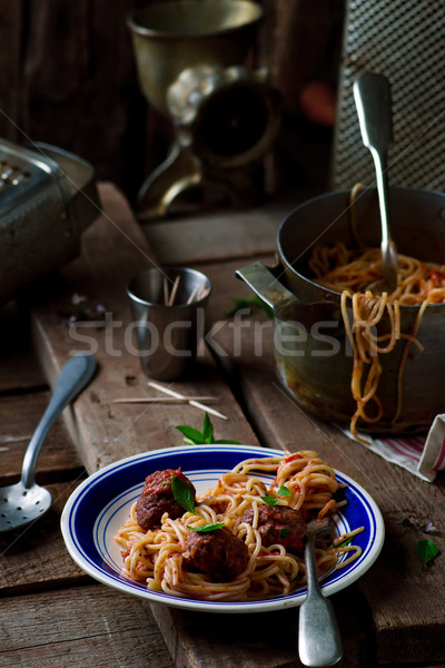 Foto d'archivio: Carne · salsa · di · pomodoro · spaghetti · stile · rustico