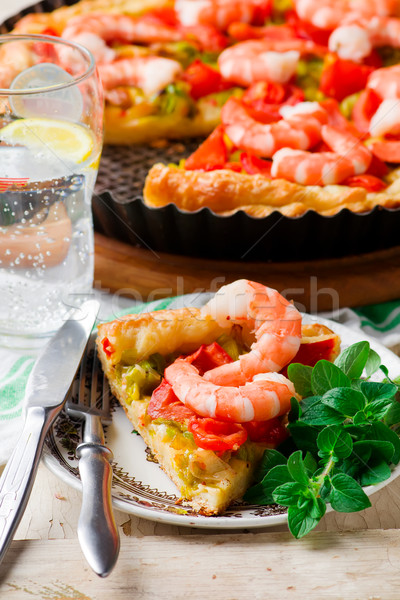 Foto stock: Camarón · puerro · salado · pie · queso · rojo