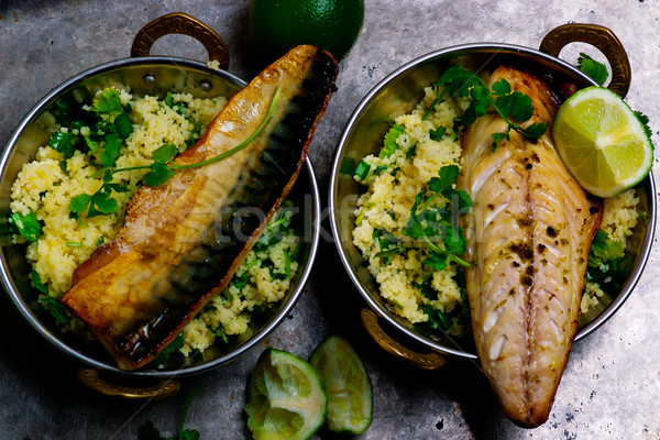 Grilled mackerel with harissa , coriander couscous.style rustic Stock photo © zoryanchik