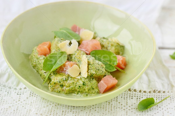 gnocchi with pesto sauce and smoked salmon Stock photo © zoryanchik