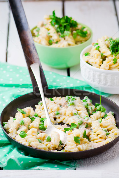 pasta with green peas, tuna  and creamy sauce Stock photo © zoryanchik