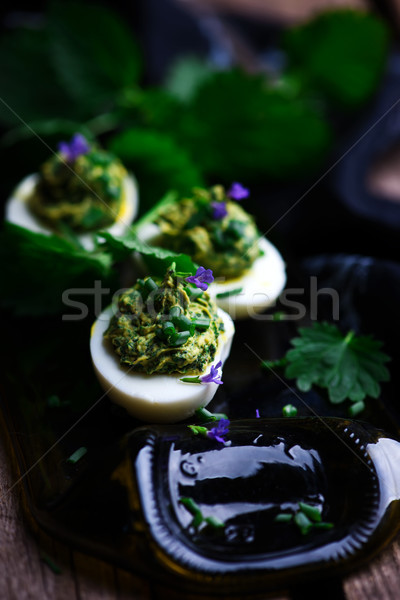 Stockfoto: Eieren · voorjaar · rustiek · voedsel · groene · plantaardige