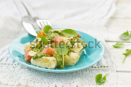 gnocchi with pesto sauce and smoked salmon Stock photo © zoryanchik