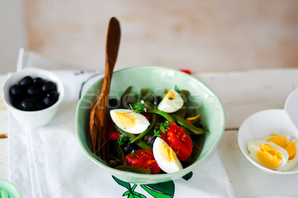 Salata taze fasulye zeytin yumurta stil bağbozumu Stok fotoğraf © zoryanchik