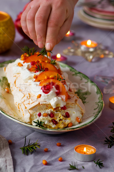 Stock photo: Winter Fruit Pavlova Roulade.Style vintage