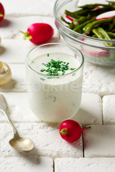 Feta molho para salada vidro jarra queijo Óleo Foto stock © zoryanchik