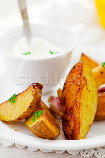 Sült krumpli mártás fehér tányér stílus Stock fotó © zoryanchik