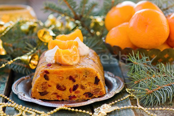 Owoców christmas pudding bita śmietana drewniany stół Zdjęcia stock © zoryanchik