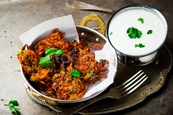 Stock photo: carrot fritters with yogurt 