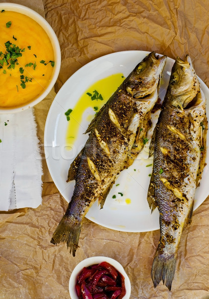 Stock photo: seabass a grill with vegetable puree