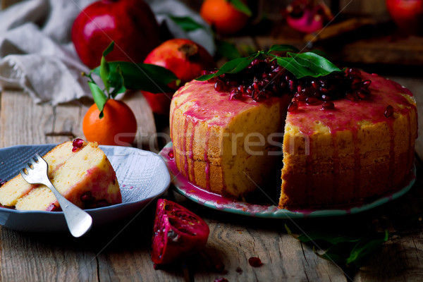 Mandarin torta gránátalma fókusz étel édes Stock fotó © zoryanchik