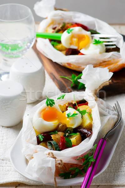 Foto stock: Legumes · salsichas · pergaminho · branco · cozinhar · almoço