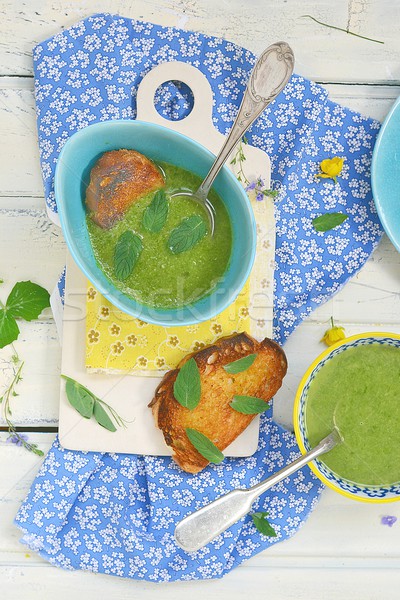 Stock photo: green beans and green onion cream soup with  toast bread