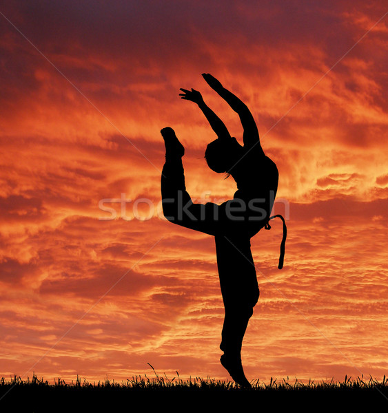 Spor akrobatik kız fantastik kırmızı gökyüzü Stok fotoğraf © zurijeta