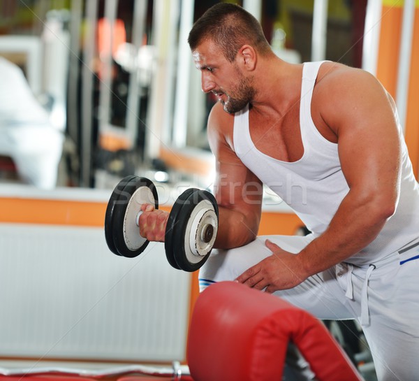 Athletic bodybuilder, execute exercise in sport gym hall Stock photo © zurijeta