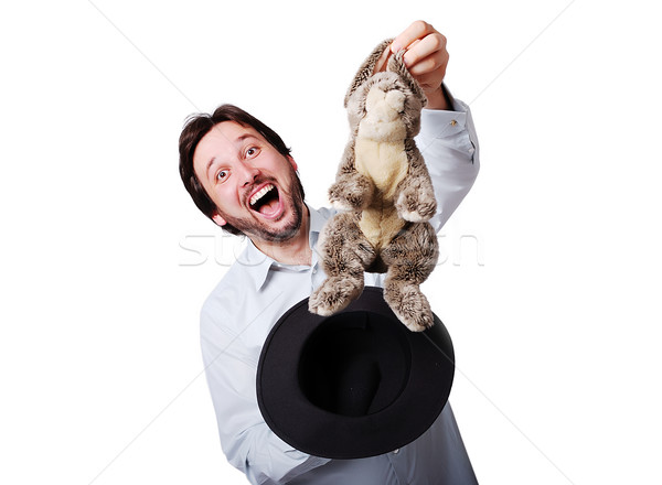 Funny man with big laugh with rabbit from the hat Stock photo © zurijeta