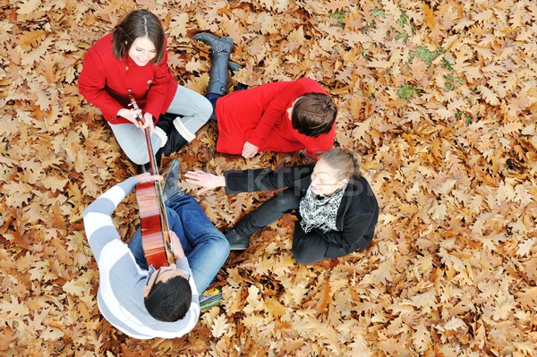 Tieners vrienden spelen gitaar najaar park Stockfoto © zurijeta