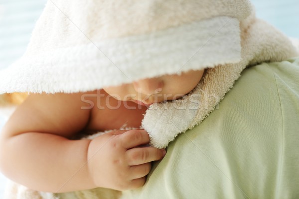 Foto stock: Retrato · angélico · bebê · mãe · cuidar