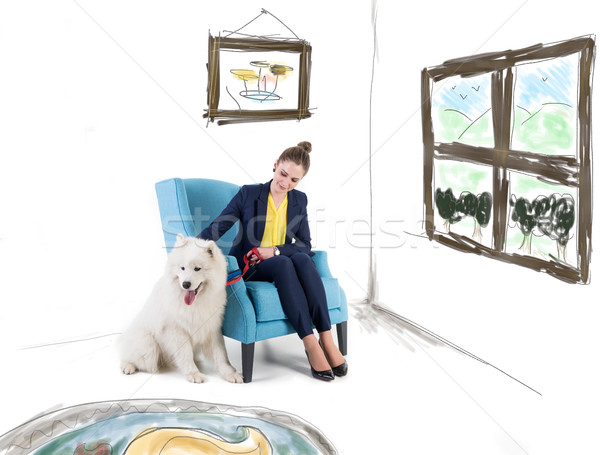 Woman with white dog in living room Stock photo © zurijeta